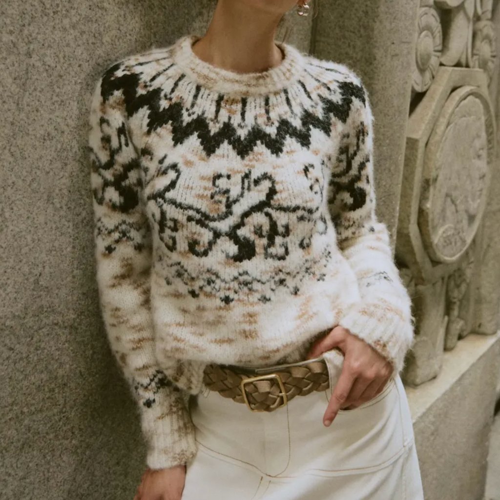 Tanya Taylor Duke Fair Isle Knit Sweater Top In Cream Taupe Black Merino Wool Xs